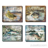 Classic Outdoors Fishing Signs: Lakeview, Fish Camp, Gone Fishing, to the Lake; Four 14X11in Wood Mounted Prints; Ready to hang!   
